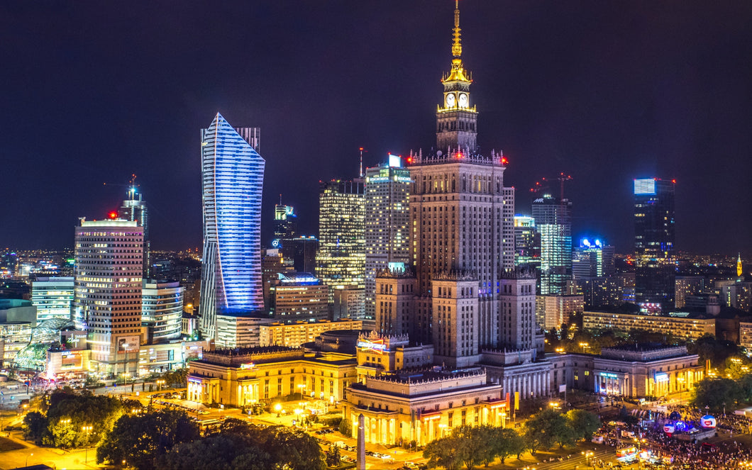 Poland Warsaw at Night Poster